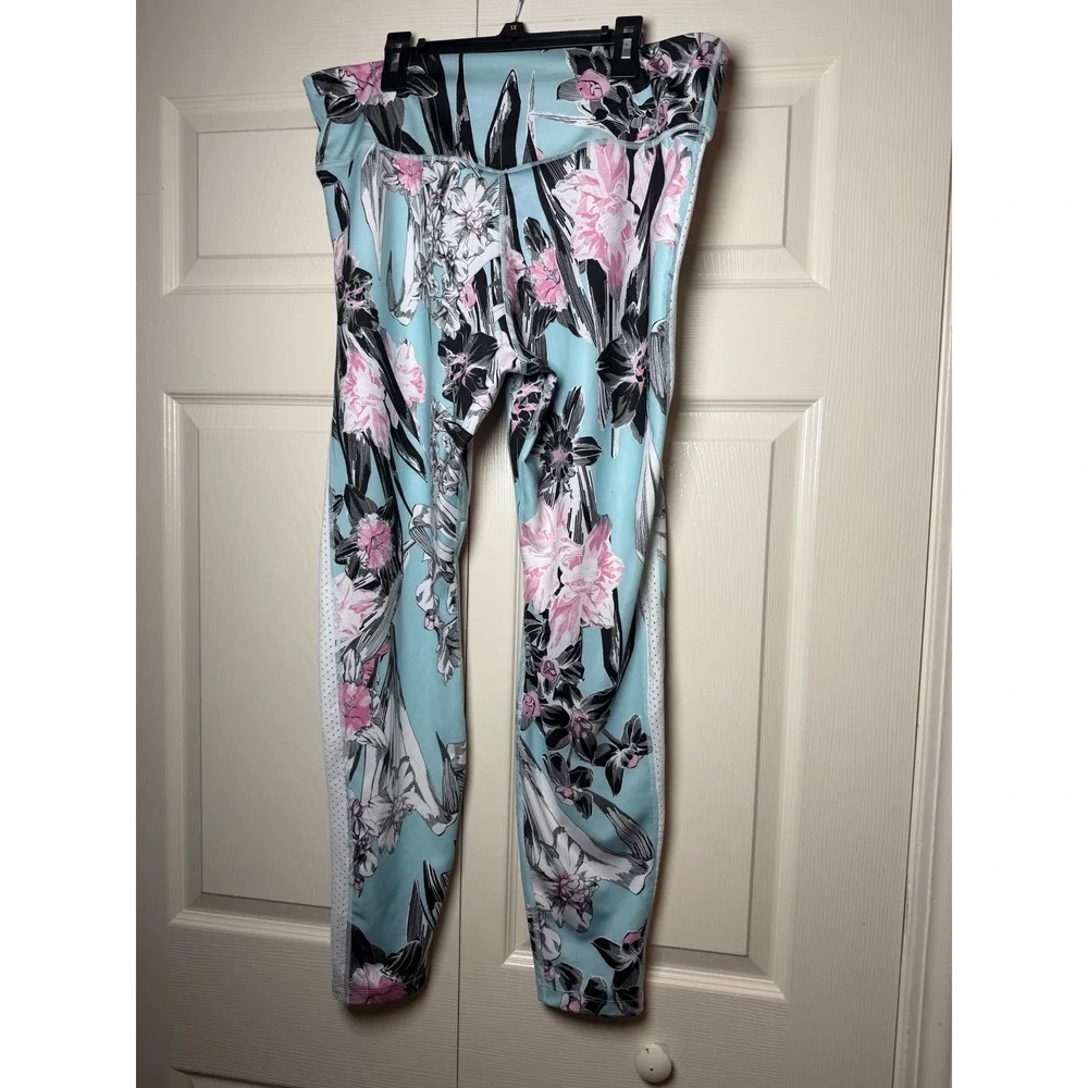 Nike Womens 2XL Floral Print Mesh Panel Leggings Blue Pink